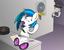 Size: 1648x1292 | Tagged: dead source, safe, artist:verzi-9, dj pon-3, octavia melody, vinyl scratch, g4, earbuds, phone, prank, smartphone, wub