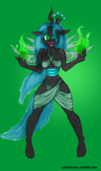 Size: 700x1179 | Tagged: source needed, safe, artist:evan555alpha, artist:sparkdraws, color edit, edit, queen chrysalis, changeling, changeling queen, anthro, unguligrade anthro, g4, breasts, busty queen chrysalis, colored, female, magic, solo