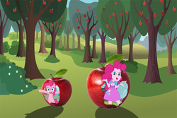 Size: 900x600 | Tagged: safe, pinkie pie, pony, equestria girls, g4, apple, apple tree, bush, canterlot high, food, ponyville, sweet apple acres, tree
