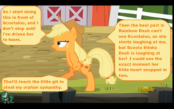 Size: 1440x900 | Tagged: safe, edit, edited screencap, screencap, applejack, rainbow dash, scootaloo, chicken, applejack's "day" off, g4, applejerk, bipedal, caption, downvote bait, implied scootabuse, op failed at starting shit, out of character