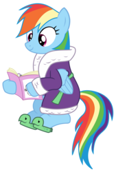 Size: 1809x2669 | Tagged: safe, artist:sketchmcreations, rainbow dash, pegasus, pony, applejack's "day" off, g4, bathrobe, clothes, cute, female, inkscape, magazine, show accurate, simple background, sitting, slippers, solo, tank slippers, transparent background, vector