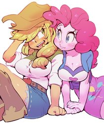Size: 587x696 | Tagged: safe, artist:jirousan, applejack, pinkie pie, equestria girls, applepie, blushing, boots, breasts, busty applejack, busty pinkie pie, cleavage, clothes, cowboy hat, cute, denim skirt, diapinkes, female, hat, jackabetes, shipping, simple background, skirt, squishy cheeks, stetson, tight clothing, white background