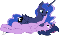 Size: 6160x3790 | Tagged: safe, artist:90sigma, artist:silfoe, princess luna, twilight sparkle, alicorn, pony, g4, absurd resolution, caress, closed mouth, ethereal hair, ethereal mane, ethereal tail, eye contact, female, folded wings, lesbian, lidded eyes, looking at each other, looking at someone, looking down, looking up, lying down, missing accessory, on back, prone, ship:twiluna, shipping, simple background, smiling, sparkly mane, sparkly tail, starry mane, starry tail, tail, transparent background, twilight sparkle (alicorn), vector, wings