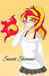 Size: 1024x1580 | Tagged: safe, artist:2074, sunset shimmer, human, g4, adorkable, clothes, cute, cutie mark, dork, female, glasses, human coloration, humanized, miniskirt, moe, pixiv, pleated skirt, ponytail, shimmerbetes, shoulderless, skirt, solo, sweater