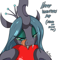 Size: 2449x2449 | Tagged: safe, alternate version, artist:srmario, queen chrysalis, changeling, changeling queen, g4, bedroom eyes, drool, fangs, female, heart, hearts and hooves, hearts and hooves day, high res, kitchen eyes, licking, licking lips, looking at you, simple background, solo, tongue out, valentine's day