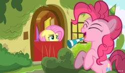 Size: 1920x1132 | Tagged: safe, artist:noah-x3, fluttershy, pinkie pie, g4, fluttershy's cottage, hat, party hat, party horn, show accurate