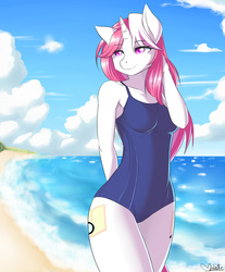 Size: 1280x1548 | Tagged: safe, artist:oloxbangxolo, oc, oc only, oc:lawyresearch, anthro, beach, clothes, one-piece swimsuit, solo, swimsuit