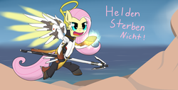 Size: 4150x2100 | Tagged: safe, artist:zogzor, fluttershy, g4, armor, crossover, female, german, heroes never die, mercy, mercyshy, overwatch, solo, translated in the comments