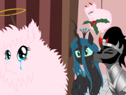 Size: 2048x1536 | Tagged: safe, artist:blackdeathhatter, king sombra, queen chrysalis, oc, oc:fluffle puff, changeling, changeling queen, pony, unicorn, g4, crying, depressed, devil horns, female, halo, heartbreak, holly, holly mistaken for mistletoe, implied chrysipuff, male, pouting, sad, ship:chrysombra, shipping, straight