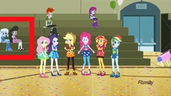 Size: 1281x717 | Tagged: safe, edit, edited screencap, screencap, applejack, crimson napalm, fluttershy, mystery mint, octavia melody, pinkie pie, rainbow dash, rarity, sunset shimmer, trixie, equestria girls, g4, my little pony equestria girls: friendship games, discovery family logo, female, humane five, humane six, humans standing next to each other, lesbian, shipping, trixtavia