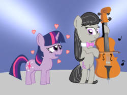 Size: 1350x1017 | Tagged: safe, artist:starshinesprint, octavia melody, twilight sparkle, earth pony, pony, unicorn, g4, cello, duo, female, heart, lesbian, musical instrument, shipping, twitavia