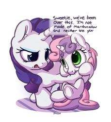 Size: 1100x1200 | Tagged: safe, artist:bobdude0, rarity, sweetie belle, pony, unicorn, g4, biting, cute, dialogue, diasweetes, eye contact, eyeshadow, female, filly, food, hoof biting, looking at each other, makeup, marshmallow, munching, nom, older female, raribetes, rarity is a marshmallow, siblings, sisters, sweetie belle is a marshmallow too, underhoof, younger female