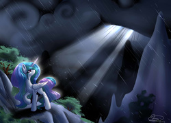 Size: 4900x3500 | Tagged: safe, artist:mimkage, princess celestia, g4, absurd resolution, cloud, crepuscular rays, female, looking up, mountain, rain, raised hoof, scenery, solo, wet