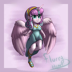 Size: 2450x2450 | Tagged: safe, artist:mimkage, princess flurry heart, human, g4, abstract background, breasts, clothes, dress, female, heart eyes, high res, horn, horned humanization, humanized, older, pony coloring, smiling, solo, spread wings, wingding eyes, winged humanization