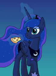 Size: 437x590 | Tagged: safe, artist:manulis, princess luna, alicorn, pony, g4, eating, female, food, glowing horn, gradient background, horn, jewelry, lidded eyes, magic, mare, meat, pepperoni, pepperoni pizza, pizza, ponies eating meat, raised hoof, regalia, solo, standing, telekinesis