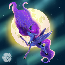 Size: 1000x1000 | Tagged: safe, artist:bydaliapamela, princess luna, g4, curved horn, female, flying, horn, horn jewelry, jewelry, moon, solo