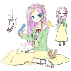 Size: 600x600 | Tagged: safe, artist:shirotsumehakka, fluttershy, bird, human, rabbit, squirrel, g4, clothes, female, floral head wreath, humanized, long skirt, looking at you, shirt, simple background, skirt, solo, white background