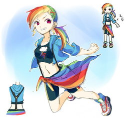 Size: 600x563 | Tagged: safe, artist:shirotsumehakka, rainbow dash, human, g4, belly button, clothes, female, grin, humanized, jacket, midriff, shorts, smiling, solo, suspenders, tank top