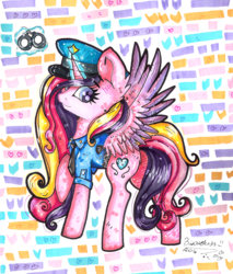 Size: 1608x1888 | Tagged: safe, artist:bizonekx33, princess cadance, g4, cuffs, female, magic, police uniform, raised hoof, solo, spread wings, telekinesis, traditional art