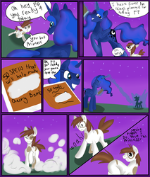 Size: 1580x1857 | Tagged: source needed, safe, artist:jbond, pipsqueak, princess luna, alicorn, earth pony, pony, g4, age progression, book, colt, comic, dialogue, duo, female, foal, male, mare, older, painting, speech bubble, text, transformation