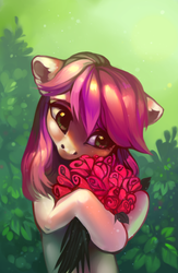 Size: 758x1164 | Tagged: safe, artist:share dast, roseluck, earth pony, pony, g4, bipedal, bouquet, bust, cottagecore, cute, ear fluff, featured image, female, floppy ears, flower, holding, hoof hold, hug, mare, plant, plants, portrait, rose, solo, weapons-grade cute