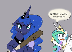 Size: 1000x715 | Tagged: safe, artist:silfoe, princess celestia, princess luna, g4, angry, baseball bat, dialogue, floppy ears, gray background, open mouth, royal sisters, simple background, speech bubble