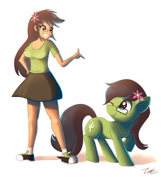 Size: 1500x1650 | Tagged: safe, artist:zelc-face, oc, oc only, oc:brianna, oc:prickly pears, human, clothes, commission, cute, glasses, human ponidox, humanized, raised hoof, shoes, signature, skirt, sneakers, socks, solo, wink