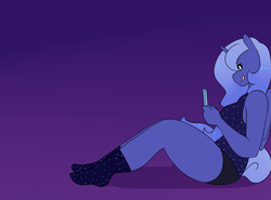 Size: 1280x948 | Tagged: safe, artist:somescrub, princess luna, anthro, plantigrade anthro, gamer luna, g4, clothes, female, gradient background, licking, licking lips, socks, solo, thighs, tongue out, video game