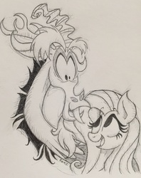 Size: 2354x2968 | Tagged: safe, artist:sparkarez, discord, fluttershy, g4, high res, monochrome, traditional art
