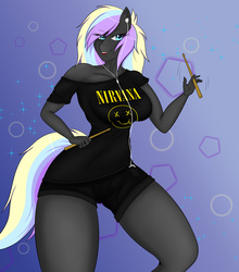 Size: 1024x1161 | Tagged: safe, artist:askquickbullet, oc, oc only, oc:ice trio, anthro, clothes, drumsticks, earbuds, mp3 player, nirvana, off shoulder, shorts, solo, t-shirt, twirl