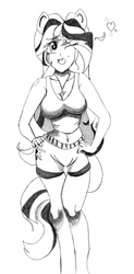 Size: 2418x4900 | Tagged: safe, artist:mark-terron, sunset shimmer, equestria girls, g4, belly button, belly piercing, bellyring, breasts, busty sunset shimmer, clothes, female, grayscale, heart, midriff, monochrome, piercing, ponied up, shorts, solo, tank top, traditional art, wink