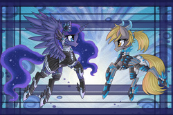 Size: 1800x1200 | Tagged: safe, artist:raptor007, derpy hooves, princess luna, pegasus, pony, g4, alternate hairstyle, armor, clothes, dress, female, horns, mare, ponytail, socks, spread wings