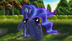 Size: 3072x1728 | Tagged: safe, artist:rockmedved, princess luna, g4, female, forest, grass, solo, spread wings
