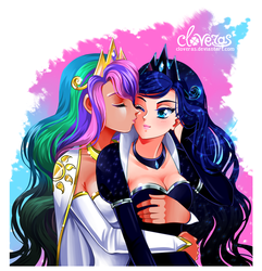 Size: 800x829 | Tagged: safe, artist:cloveras, princess celestia, princess luna, human, g4, blushing, breast fondling, breast grab, breasts, busty princess celestia, busty princess luna, cheek kiss, cleavage, clothes, dress, eyes closed, female, grope, hug, hug from behind, humanized, incest, kissing, lesbian, royal sisters, ship:princest, shipping, smiling, wink