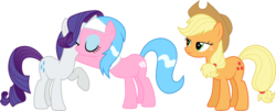Size: 7725x3116 | Tagged: safe, artist:cloudy glow, aloe, applejack, rarity, earth pony, pony, unicorn, applejack's "day" off, g4, .ai available, female, kissing, mare, out of context, simple background, transparent background, vector