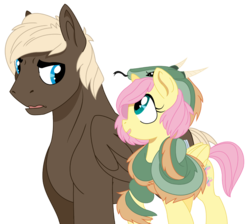 Size: 1001x896 | Tagged: safe, artist:dbkit, dumbbell, fluttershy, pegasus, pony, snake, g4, alternate hairstyle, duo, female, frown, implied straight, male, short hair, simple background, smiling, story included, talking, transparent background