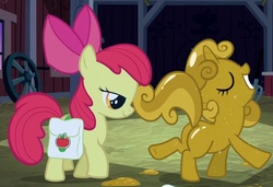 Size: 1080x739 | Tagged: safe, screencap, apple bloom, sweetie belle, earth pony, pony, unicorn, g4, one bad apple, butt, cropped, eyes on the prize, female, filly, foal, lidded eyes, looking at butt, luster dust, mare, out of context, plot, saddle bag, sweetie butt, sweetie gold