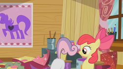 Size: 1280x720 | Tagged: safe, screencap, apple bloom, sweetie belle, earth pony, pony, g4, blank flank, clubhouse, crusaders clubhouse, hearts and hooves day