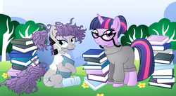 Size: 1024x561 | Tagged: safe, artist:willemijn1991, maud pie, twilight sparkle, g4, alternate hairstyle, book, mane swap, palette swap, personality swap, recolor