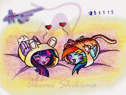 Size: 1024x771 | Tagged: safe, artist:shikimaakemi, rainbow dash, twilight sparkle, alicorn, pony, g4, blushing, chubbie, clothes, eyes closed, female, heart, kigurumi, lesbian, my little squishy, obtrusive watermark, open mouth, ship:twidash, shipping, twilight sparkle (alicorn), watermark