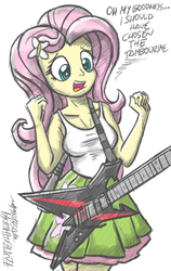 Size: 733x1158 | Tagged: safe, artist:flutterthrash, fluttershy, equestria girls, g4, breasts, busty fluttershy, electric guitar, female, guitar, musical instrument, solo