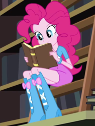 Size: 400x530 | Tagged: safe, screencap, pinkie pie, equestria girls, g4, my little pony equestria girls: friendship games, book, boots, bracelet, clothes, cropped, female, high heel boots, holding, jewelry, ladder, reading, shirt, skirt, solo, teenager, vest