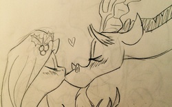 Size: 1280x800 | Tagged: safe, artist:micaxiii, discord, fluttershy, g4, blushing, bust, cute, eyes closed, female, heart, holly, holly mistaken for mistletoe, kissing, male, monochrome, profile, ship:discoshy, shipping, straight, traditional art
