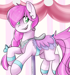 Size: 1200x1280 | Tagged: safe, artist:neonblaze909, oc, oc only, oc:neow, earth pony, pony, bow, braid, carousel, hair bow, saddle bag, signature, smiling, solo