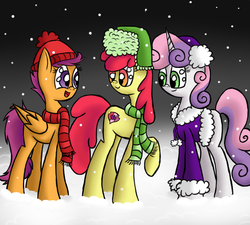 Size: 2000x1800 | Tagged: safe, artist:yourfavoritelove, apple bloom, scootaloo, sweetie belle, crusaders of the lost mark, g4, clothes, cutie mark, cutie mark crusaders, scarf, snow, snowfall, the cmc's cutie marks, winter outfit