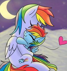 Size: 1800x1920 | Tagged: safe, artist:yourfavoritelove, rainbow blaze, rainbow dash, pony, g4, cloud, cute, dashabetes, eyes closed, father and daughter, heart, hug, moon, night, sitting, smiling