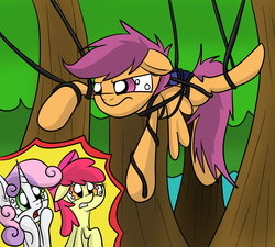 Size: 2000x1800 | Tagged: safe, artist:yourfavoritelove, apple bloom, scootaloo, sweetie belle, g4, blank flank, cutie mark crusaders, parachute, stuck, tangled up, tree, tree sap and pine needles