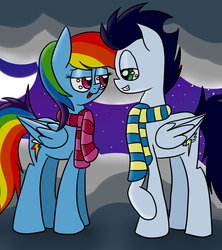 Size: 1600x1800 | Tagged: safe, artist:yourfavoritelove, rainbow dash, soarin', pony, g4, backwards cutie mark, clothes, female, male, old cutie mark, scarf, ship:soarindash, shipping, straight