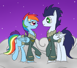 Size: 1800x1600 | Tagged: safe, artist:yourfavoritelove, rainbow dash, soarin', pony, g4, bomber jacket, clipper, clothes, female, male, rainbow crash, ship:soarindash, shipping, straight, uniform, wonderbolts