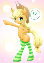 Size: 820x1183 | Tagged: safe, artist:hashioaryut, applejack, earth pony, pony, applejack's "day" off, g4, applebutt, bipedal, blushing, butt, clothes, heart eyes, plot, question mark, socks, solo, speech bubble, striped socks, underhoof, wingding eyes